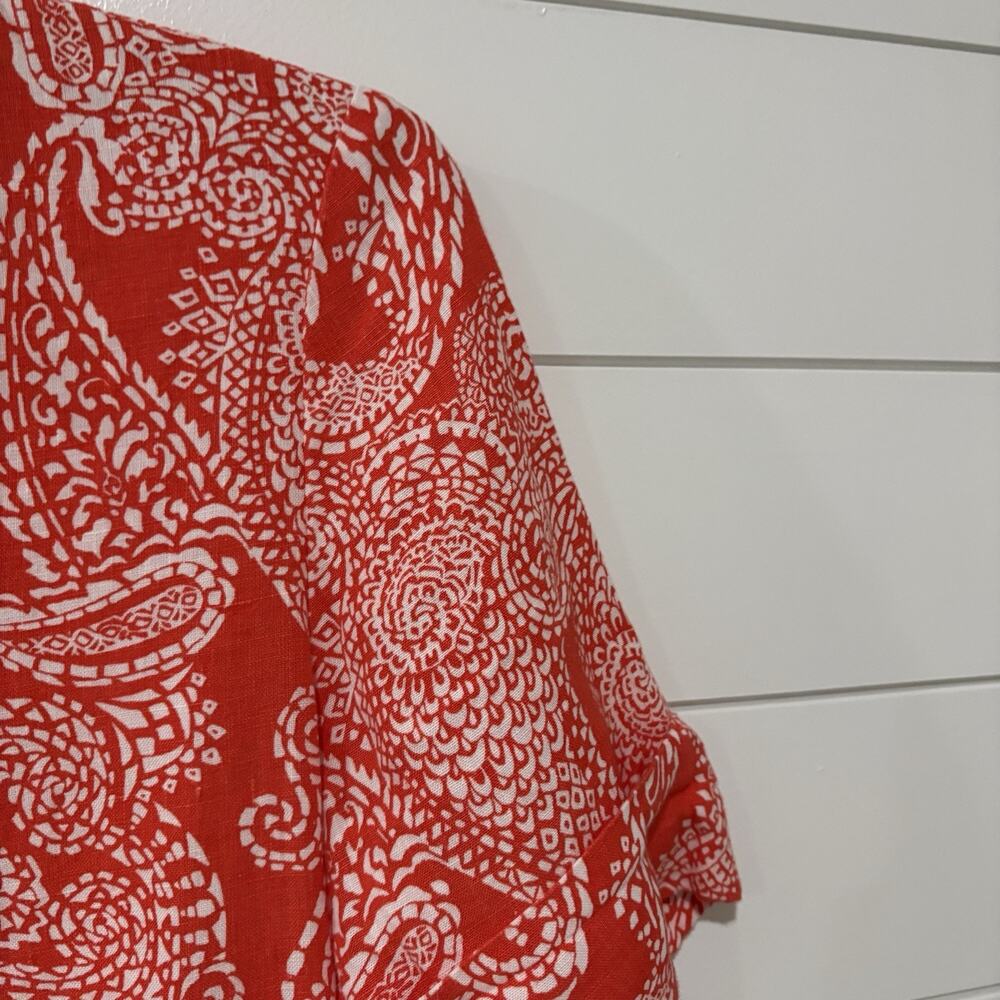 Chico's | Midi Dress Orange Paisley Linen Short Sleeve Resort Vacation- Size 4 0 - Picture 4 of 8